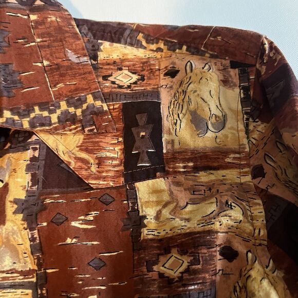 Vintage Moda Tech Western Shirt Red & Tan Horse Print All Over Womens M Cotton - Picture 6 of 12